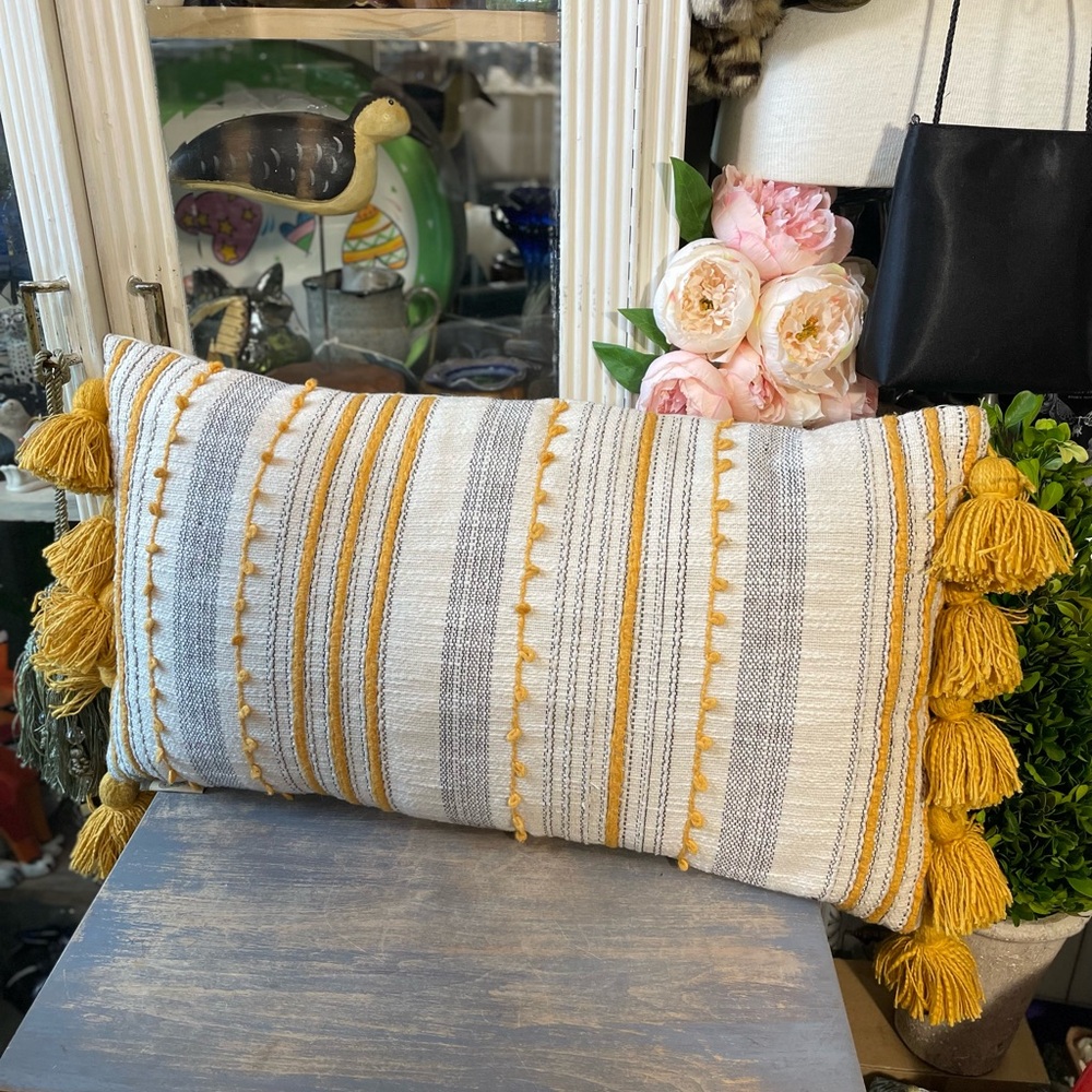 Devi Designs ivory cream white yellow tassel long decorative pillow boho cottage